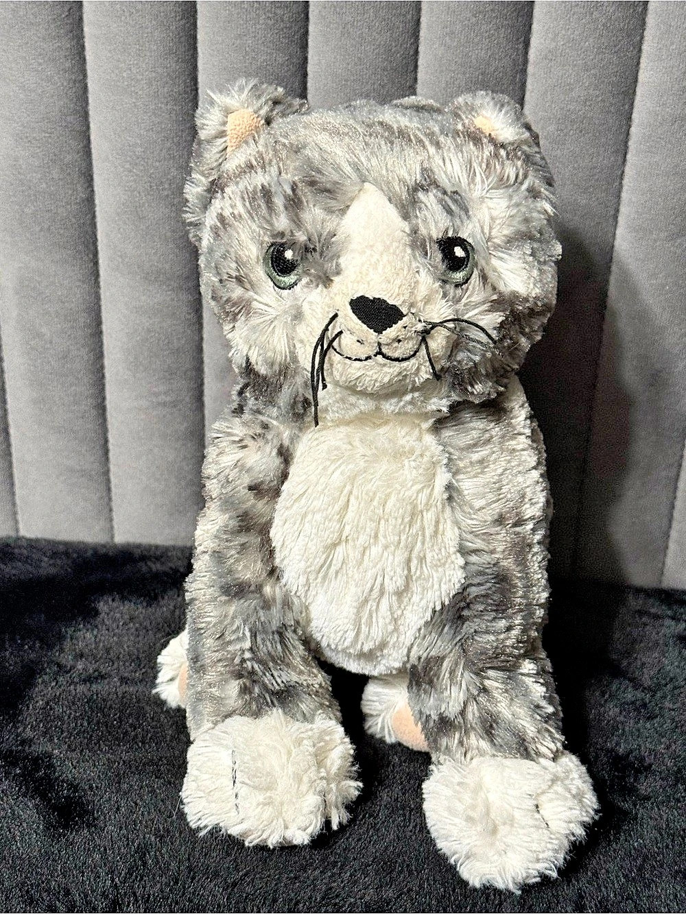 Grey Tabby Cat Plush Stuffed Animal Green Eyes Soft Kitty Toy